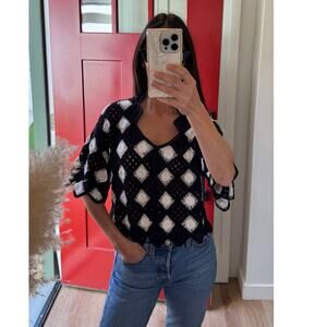 La Seine Black & White Crochet Top XS Scalloped Edge Boho Retro Festival Style